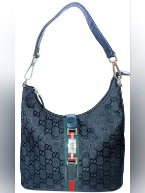 GUCCI GG MONOGRAM JACKIE BLACK WEB STRIPED CANVAS HOBO WITH LEATHER TRIM EUC!